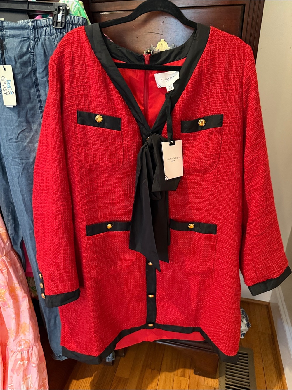 Pomander Place Red Tweed Long Sleeve Jacket with Black Trim